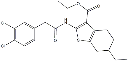 ethyl 2-{[(3,4-dichlorophenyl)acetyl]amino}-6-ethyl-4,5,6,7-tetrahydro-1-benzothiophene-3-carboxylate Struktur