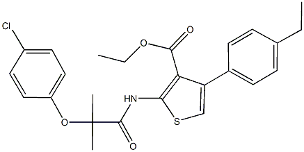 ethyl 2-{[2-(4-chlorophenoxy)-2-methylpropanoyl]amino}-4-(4-ethylphenyl)-3-thiophenecarboxylate Struktur