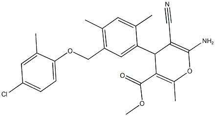 methyl 6-amino-4-{5-[(4-chloro-2-methylphenoxy)methyl]-2,4-dimethylphenyl}-5-cyano-2-methyl-4H-pyran-3-carboxylate Struktur