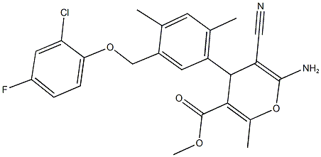 methyl 6-amino-4-{5-[(2-chloro-4-fluorophenoxy)methyl]-2,4-dimethylphenyl}-5-cyano-2-methyl-4H-pyran-3-carboxylate Struktur