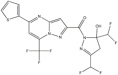 3,5-bis(difluoromethyl)-1-{[5-(2-thienyl)-7-(trifluoromethyl)pyrazolo[1,5-a]pyrimidin-2-yl]carbonyl}-4,5-dihydro-1H-pyrazol-5-ol Struktur