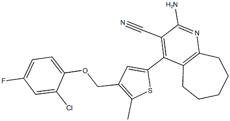 2-amino-4-{4-[(2-chloro-4-fluorophenoxy)methyl]-5-methyl-2-thienyl}-6,7,8,9-tetrahydro-5H-cyclohepta[b]pyridine-3-carbonitrile Struktur