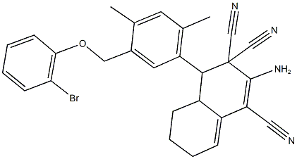 2-amino-4-{5-[(2-bromophenoxy)methyl]-2,4-dimethylphenyl}-4a,5,6,7-tetrahydro-1,3,3(4H)-naphthalenetricarbonitrile Struktur