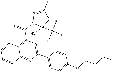 1-{[2-(4-butoxyphenyl)-4-quinolinyl]carbonyl}-3-methyl-5-(trifluoromethyl)-4,5-dihydro-1H-pyrazol-5-ol Struktur