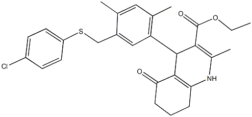 ethyl 4-(5-{[(4-chlorophenyl)sulfanyl]methyl}-2,4-dimethylphenyl)-2-methyl-5-oxo-1,4,5,6,7,8-hexahydro-3-quinolinecarboxylate Struktur