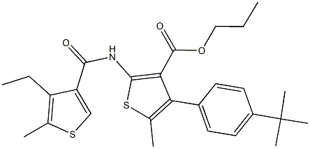 propyl 4-(4-tert-butylphenyl)-2-{[(4-ethyl-5-methyl-3-thienyl)carbonyl]amino}-5-methyl-3-thiophenecarboxylate Struktur