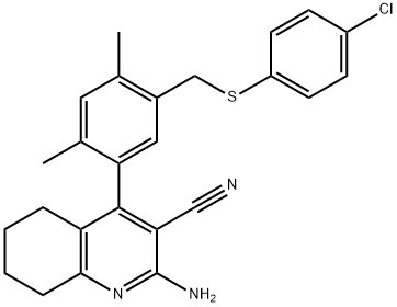 2-amino-4-(5-{[(4-chlorophenyl)sulfanyl]methyl}-2,4-dimethylphenyl)-5,6,7,8-tetrahydro-3-quinolinecarbonitrile Struktur