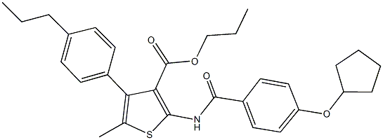 propyl 2-{[4-(cyclopentyloxy)benzoyl]amino}-5-methyl-4-(4-propylphenyl)-3-thiophenecarboxylate Struktur