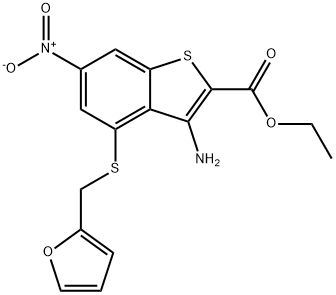 ethyl 3-amino-4-[(2-furylmethyl)sulfanyl]-6-nitro-1-benzothiophene-2-carboxylate Struktur