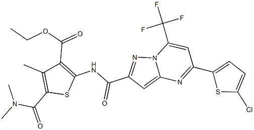 ethyl 2-({[5-(5-chloro-2-thienyl)-7-(trifluoromethyl)pyrazolo[1,5-a]pyrimidin-2-yl]carbonyl}amino)-5-[(dimethylamino)carbonyl]-4-methyl-3-thiophenecarboxylate Struktur