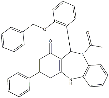 10-acetyl-11-[2-(benzyloxy)phenyl]-3-phenyl-2,3,4,5,10,11-hexahydro-1H-dibenzo[b,e][1,4]diazepin-1-one Struktur