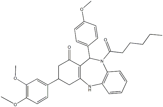 3-(3,4-dimethoxyphenyl)-10-hexanoyl-11-(4-methoxyphenyl)-2,3,4,5,10,11-hexahydro-1H-dibenzo[b,e][1,4]diazepin-1-one Struktur