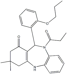 3,3-dimethyl-10-propionyl-11-(2-propoxyphenyl)-2,3,4,5,10,11-hexahydro-1H-dibenzo[b,e][1,4]diazepin-1-one Struktur