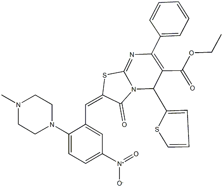 ethyl 2-[5-nitro-2-(4-methyl-1-piperazinyl)benzylidene]-3-oxo-7-phenyl-5-(2-thienyl)-2,3-dihydro-5H-[1,3]thiazolo[3,2-a]pyrimidine-6-carboxylate Struktur