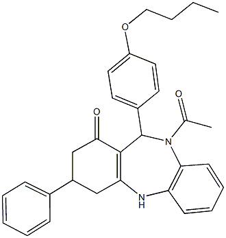 10-acetyl-11-(4-butoxyphenyl)-3-phenyl-2,3,4,5,10,11-hexahydro-1H-dibenzo[b,e][1,4]diazepin-1-one Struktur