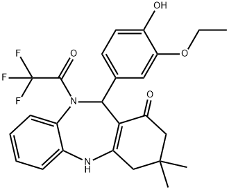 11-(3-ethoxy-4-hydroxyphenyl)-3,3-dimethyl-10-(trifluoroacetyl)-2,3,4,5,10,11-hexahydro-1H-dibenzo[b,e][1,4]diazepin-1-one Struktur