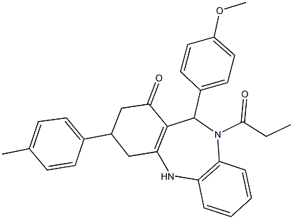 11-(4-methoxyphenyl)-3-(4-methylphenyl)-10-propionyl-2,3,4,5,10,11-hexahydro-1H-dibenzo[b,e][1,4]diazepin-1-one Struktur