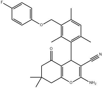 2-amino-4-{3-[(4-fluorophenoxy)methyl]-2,4,6-trimethylphenyl}-7,7-dimethyl-5-oxo-5,6,7,8-tetrahydro-4H-chromene-3-carbonitrile Struktur