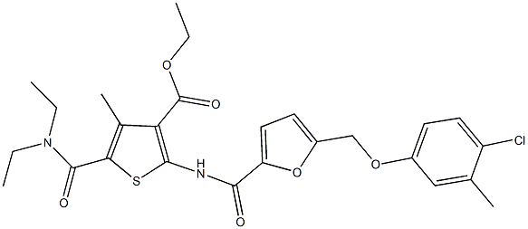 ethyl 2-({5-[(4-chloro-3-methylphenoxy)methyl]-2-furoyl}amino)-5-[(diethylamino)carbonyl]-4-methyl-3-thiophenecarboxylate Struktur