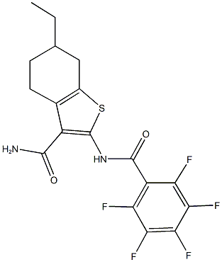 6-ethyl-2-[(2,3,4,5,6-pentafluorobenzoyl)amino]-4,5,6,7-tetrahydro-1-benzothiophene-3-carboxamide Struktur