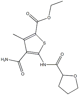 ethyl 4-(aminocarbonyl)-3-methyl-5-[(tetrahydrofuran-2-ylcarbonyl)amino]thiophene-2-carboxylate Struktur