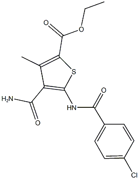 ethyl 4-(aminocarbonyl)-5-[(4-chlorobenzoyl)amino]-3-methylthiophene-2-carboxylate Struktur