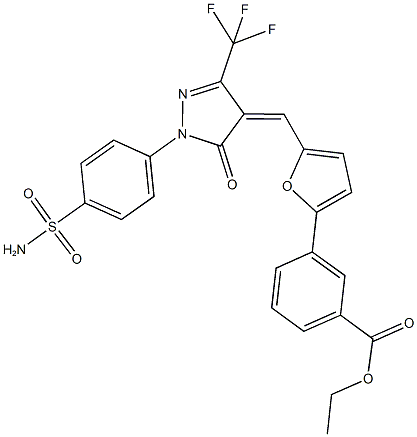 ethyl 3-(5-{[1-[4-(aminosulfonyl)phenyl]-5-oxo-3-(trifluoromethyl)-1,5-dihydro-4H-pyrazol-4-ylidene]methyl}-2-furyl)benzoate Struktur