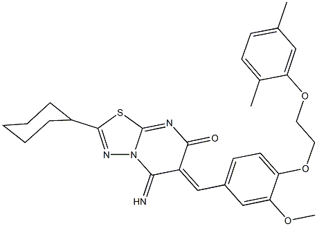 2-cyclohexyl-6-{4-[2-(2,5-dimethylphenoxy)ethoxy]-3-methoxybenzylidene}-5-imino-5,6-dihydro-7H-[1,3,4]thiadiazolo[3,2-a]pyrimidin-7-one Struktur