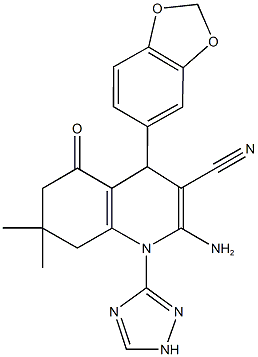 2-amino-4-(1,3-benzodioxol-5-yl)-7,7-dimethyl-5-oxo-1-(1H-1,2,4-triazol-3-yl)-1,4,5,6,7,8-hexahydro-3-quinolinecarbonitrile Struktur