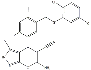 6-amino-4-(5-{[(2,5-dichlorophenyl)sulfanyl]methyl}-2,4-dimethylphenyl)-3-methyl-2,4-dihydropyrano[2,3-c]pyrazole-5-carbonitrile Struktur