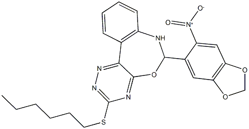 3-(hexylthio)-6-{6-nitro-1,3-benzodioxol-5-yl}-6,7-dihydro[1,2,4]triazino[5,6-d][3,1]benzoxazepine Struktur