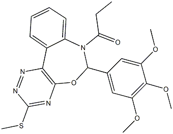 3-(methylsulfanyl)-7-propionyl-6-(3,4,5-trimethoxyphenyl)-6,7-dihydro[1,2,4]triazino[5,6-d][3,1]benzoxazepine Struktur