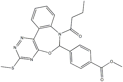 methyl 4-[7-butyryl-3-(methylsulfanyl)-6,7-dihydro[1,2,4]triazino[5,6-d][3,1]benzoxazepin-6-yl]benzoate Struktur