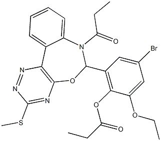 4-bromo-2-ethoxy-6-[3-(methylsulfanyl)-7-propionyl-6,7-dihydro[1,2,4]triazino[5,6-d][3,1]benzoxazepin-6-yl]phenyl propionate Struktur