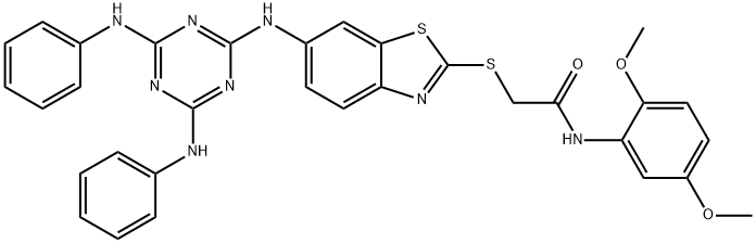 2-({6-[(4,6-dianilino-1,3,5-triazin-2-yl)amino]-1,3-benzothiazol-2-yl}sulfanyl)-N-(2,5-dimethoxyphenyl)acetamide Struktur