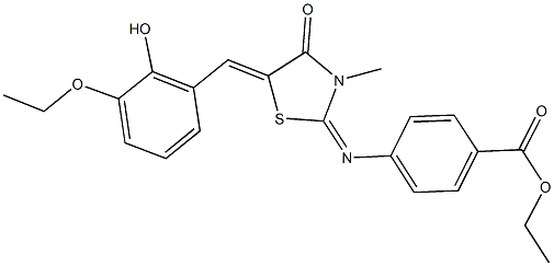 ethyl 4-{[5-(3-ethoxy-2-hydroxybenzylidene)-3-methyl-4-oxo-1,3-thiazolidin-2-ylidene]amino}benzoate Struktur