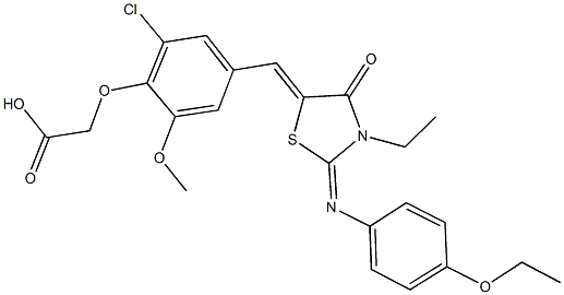 [2-chloro-4-({2-[(4-ethoxyphenyl)imino]-3-ethyl-4-oxo-1,3-thiazolidin-5-ylidene}methyl)-6-methoxyphenoxy]acetic acid Struktur