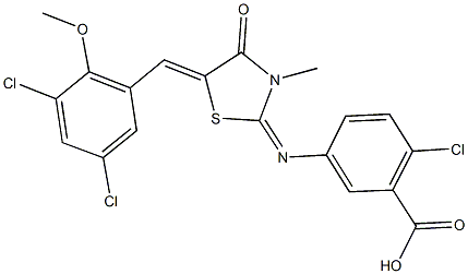 2-chloro-5-{[5-(3,5-dichloro-2-methoxybenzylidene)-3-methyl-4-oxo-1,3-thiazolidin-2-ylidene]amino}benzoic acid Struktur