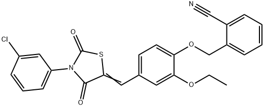 2-[(4-{[3-(3-chlorophenyl)-2,4-dioxo-1,3-thiazolidin-5-ylidene]methyl}-2-ethoxyphenoxy)methyl]benzonitrile Struktur