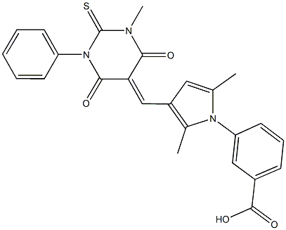 3-{2,5-dimethyl-3-[(1-methyl-4,6-dioxo-3-phenyl-2-thioxotetrahydro-5(2H)-pyrimidinylidene)methyl]-1H-pyrrol-1-yl}benzoic acid Struktur