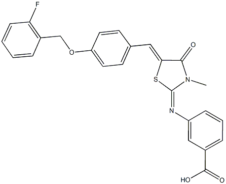 3-[(5-{4-[(2-fluorobenzyl)oxy]benzylidene}-3-methyl-4-oxo-1,3-thiazolidin-2-ylidene)amino]benzoic acid Struktur