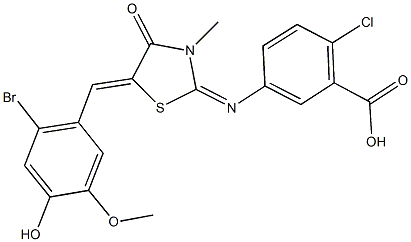 5-{[5-(2-bromo-4-hydroxy-5-methoxybenzylidene)-3-methyl-4-oxo-1,3-thiazolidin-2-ylidene]amino}-2-chlorobenzoic acid Struktur