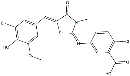 2-chloro-5-{[5-(3-chloro-4-hydroxy-5-methoxybenzylidene)-3-methyl-4-oxo-1,3-thiazolidin-2-ylidene]amino}benzoic acid Struktur