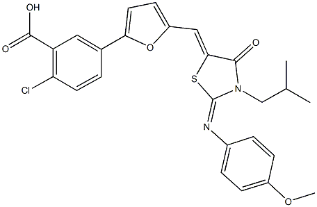 2-chloro-5-[5-({3-isobutyl-2-[(4-methoxyphenyl)imino]-4-oxo-1,3-thiazolidin-5-ylidene}methyl)-2-furyl]benzoic acid Struktur