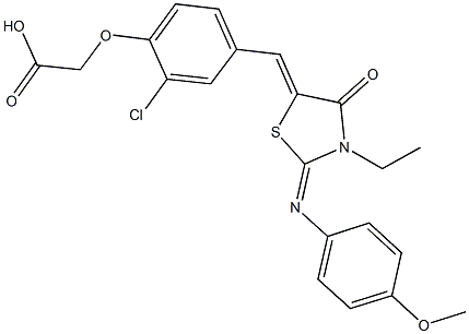 [2-chloro-4-({3-ethyl-2-[(4-methoxyphenyl)imino]-4-oxo-1,3-thiazolidin-5-ylidene}methyl)phenoxy]acetic acid Struktur