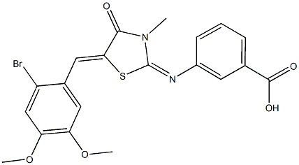 3-{[5-(2-bromo-4,5-dimethoxybenzylidene)-3-methyl-4-oxo-1,3-thiazolidin-2-ylidene]amino}benzoic acid Struktur