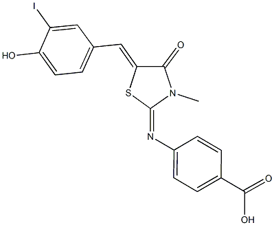 4-{[5-(4-hydroxy-3-iodobenzylidene)-3-methyl-4-oxo-1,3-thiazolidin-2-ylidene]amino}benzoic acid Struktur