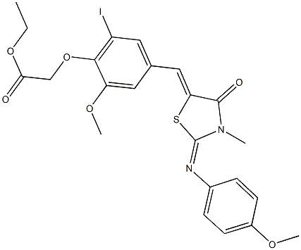 ethyl [2-iodo-6-methoxy-4-({2-[(4-methoxyphenyl)imino]-3-methyl-4-oxo-1,3-thiazolidin-5-ylidene}methyl)phenoxy]acetate Struktur