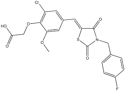 (2-chloro-4-{[3-(4-fluorobenzyl)-2,4-dioxo-1,3-thiazolidin-5-ylidene]methyl}-6-methoxyphenoxy)acetic acid Struktur