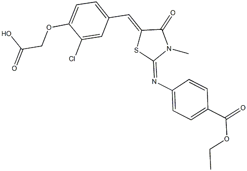 {2-chloro-4-[(2-{[4-(ethoxycarbonyl)phenyl]imino}-3-methyl-4-oxo-1,3-thiazolidin-5-ylidene)methyl]phenoxy}acetic acid Struktur